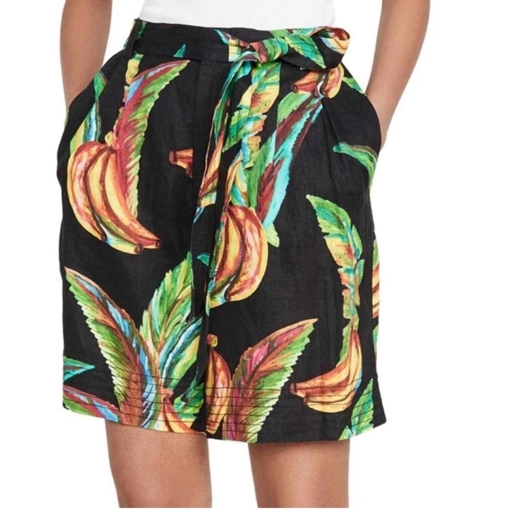 FARM RIO Preta Tropical Banana Floral Linen High-Waisted Shorts Size XS Vacation